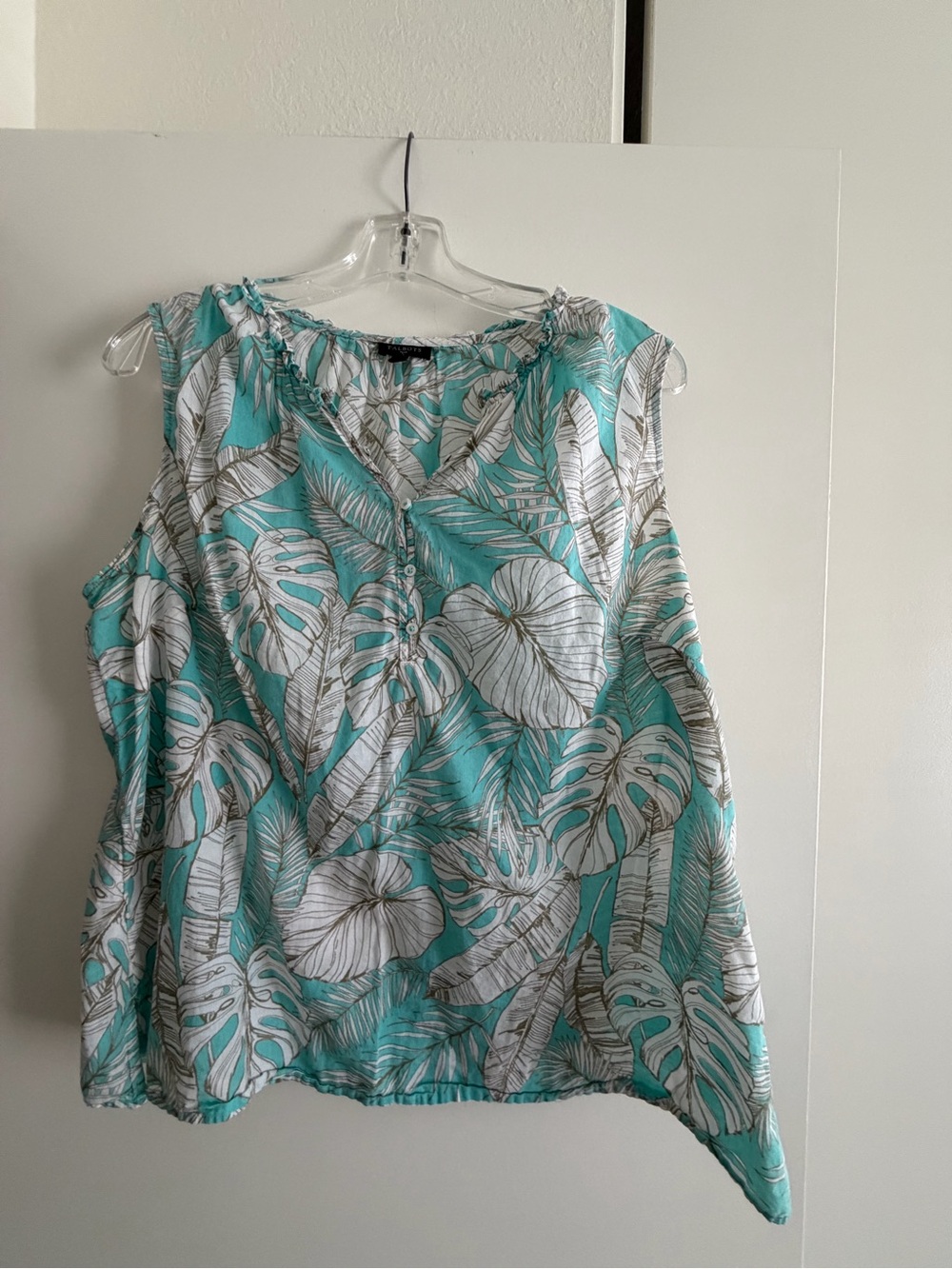 Talbots Turquoise and White Tropical Print Sleeveless Button-Front Camisole